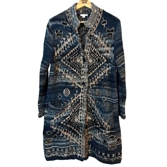 J.Jill Sweater Coat SZ MP Blue Aztec Boho Duster Long Cardigan Southwestern EUC - Picture 1 of 9